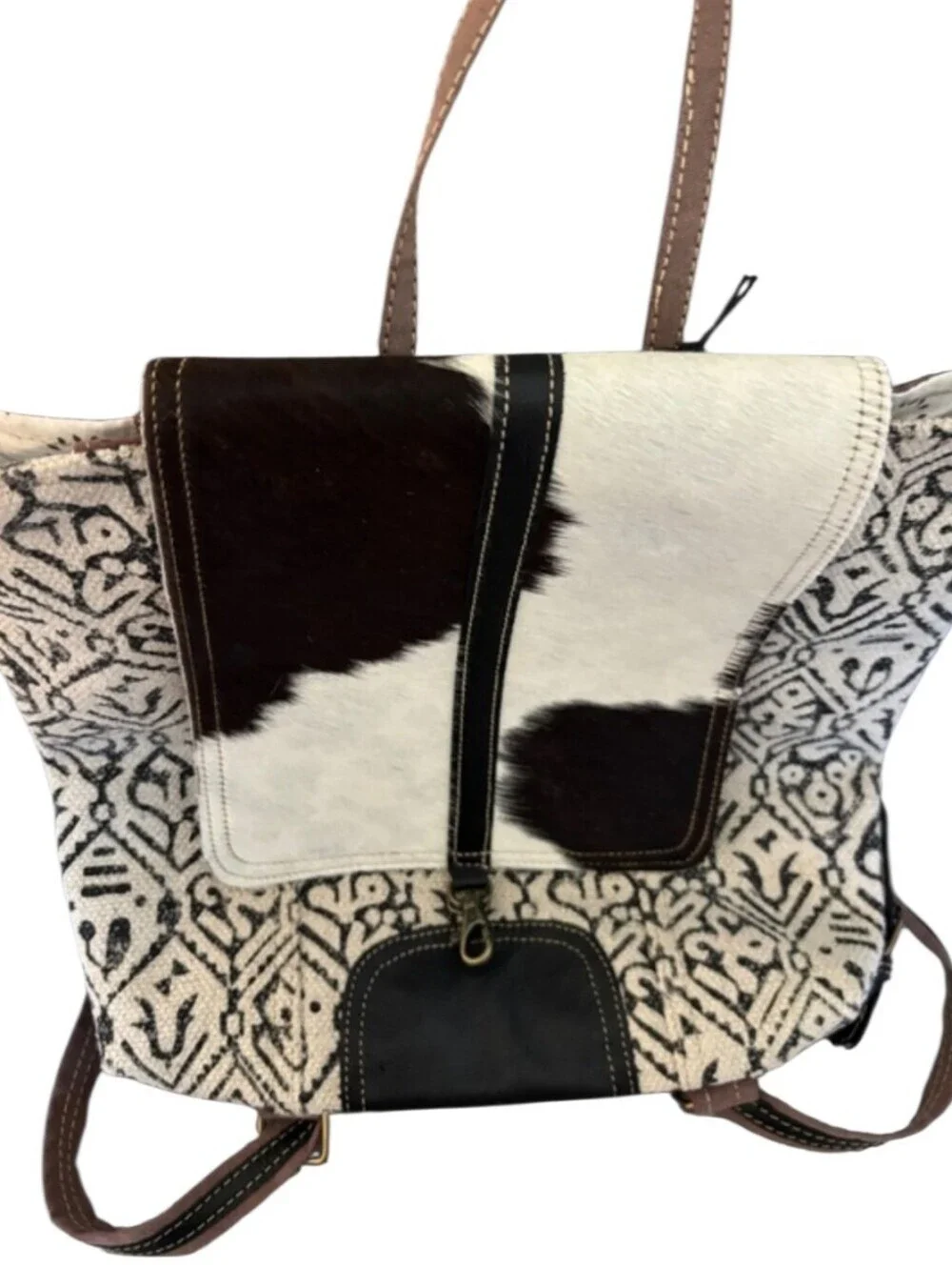 Myra Bags Cowhide Leather Black & White Cotton Nova Nest Backpack Tote NEW